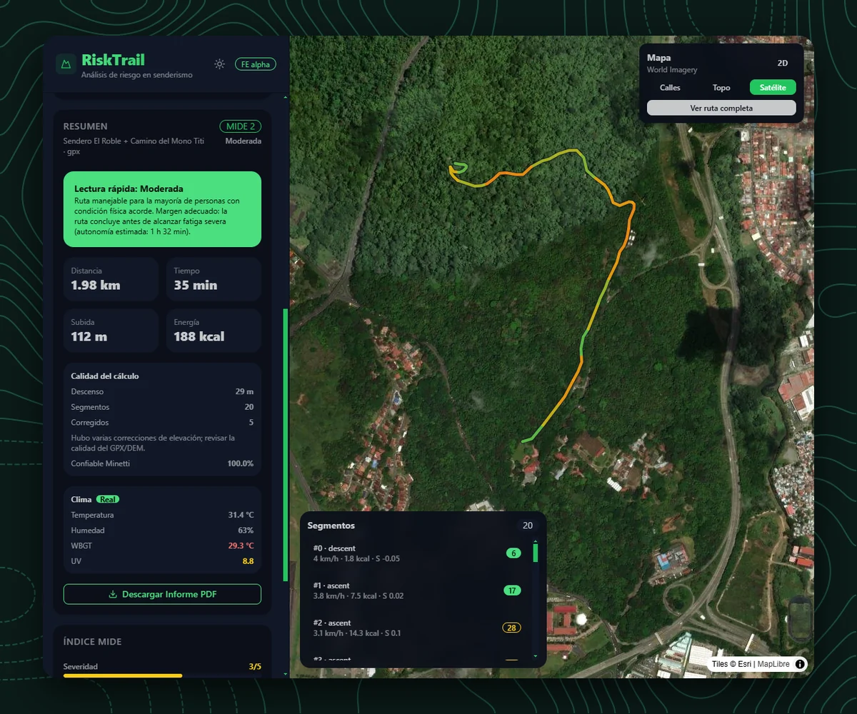 RiskTrail — análisis de riesgo de una ruta de senderismo sobre imagen satelital del Parque Natural Metropolitano